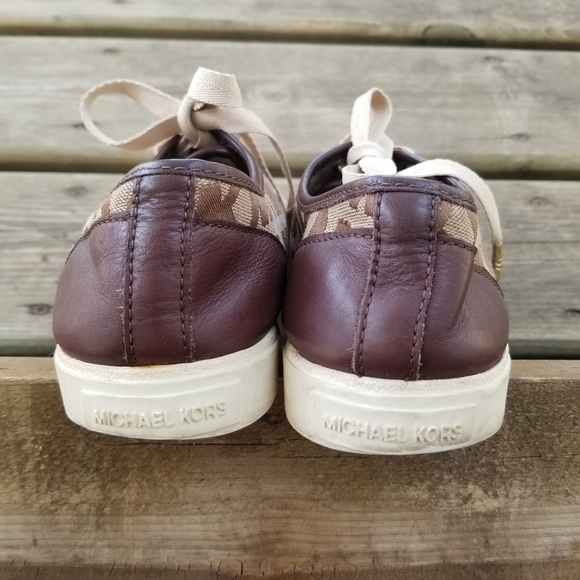Michael Kors MK Logo Tan Canvas Brown Leather Low Top Cap Toe City Sneaker 8 - Picture 6 of 9